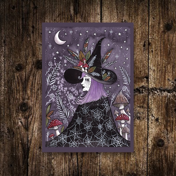 Mini A6 Luna Midnight Witch Print -  Small Purple Gothic Witchcraft Illustration - Watercolour Toadstool Mushroom Forest Hedgewitch Postcard