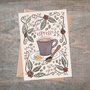 Carte de voeux expresso et enveloppe - Carte illustrée de café expresso torréfié - Coffee Cafe Shop Barista - Cadeau pour amateur de café