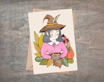 Hedgewitch Greetings Card & Envelope - Hazel The Hedge Witch Illustrated Card - Witchy Pagan Wiccan Gothic Birthday Halloween Solstice Card