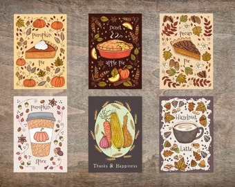 Set Of 6 Mini Autumn Prints - Pumpkin Pie Pumpkin Spice Apple Pie Decor Set - Pecan Pie Thanksgiving Hazelnut Latte Mini Illustration Set