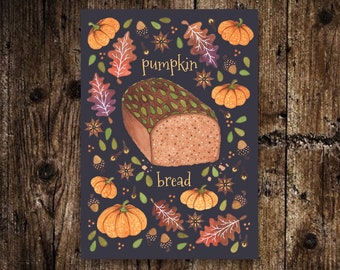 Mini Pumpkin Bread Print - Small A6 Cosy Autumn Baking Illustration - Whimsical Pumpkin Spiced Loaf Postcard Art
