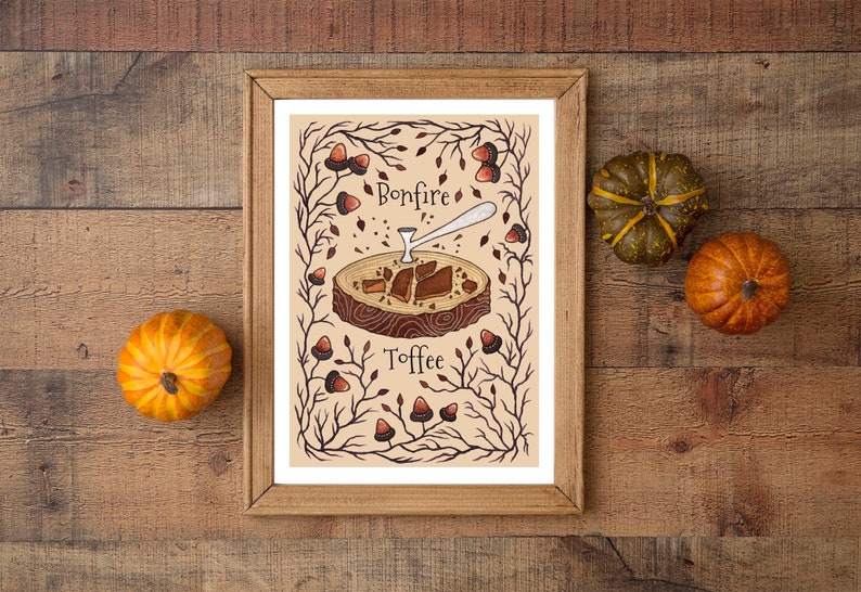 A5 A3 Bonfire Night Illustration Print Bonfire Toffee Print Autumn Fall Guy Fawkes Kitchen Wall Art A4 Rustic Food Illustration