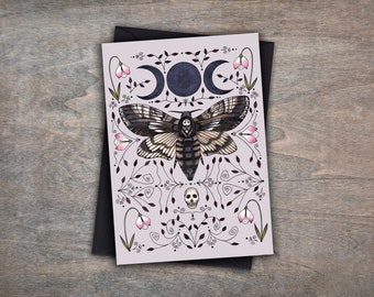 Purple Moth Greetings Card & Envelope - Spooky Death's-head Hawkmoth Card - Botanical Insect Card - Purple Blue Gothic Moth Gift