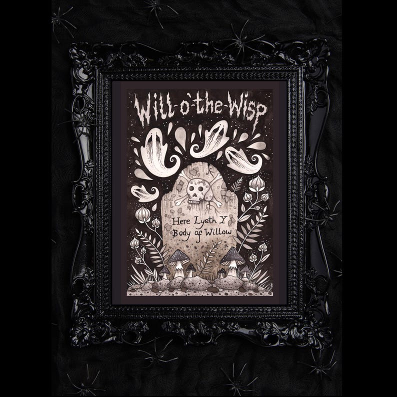 K&ouml;nnte beinhalten: Eine Schwarzwei&szlig;illustration eines Grabsteins mit dem Text "Will o' the Wisp" und "Here Lyeth Y Body of Willow". Der Grabstein ist von Pilzen, Blumen und Bl&auml;ttern umgeben.