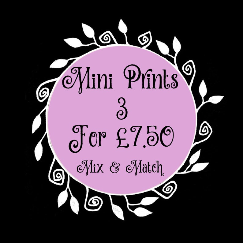 May include: A purple circle with a white floral border and the text "Mini Prints 3 for &pound;7.50 Mix & Match" in black.