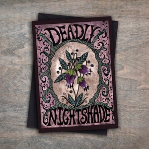 Tarjeta de felicitación y sobre de Deadly Nightshade - Tarjeta botánica de The Witches Garden - Tarjeta de acuarela con flores venenosas moradas de Gothic Witch