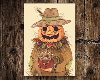 Mini Pumpkin Joe Print - Small A6 Whimsical Pumpkin Patch People Illustration - Cosy Vibes Pumpkin Spice Rustic Autumn Leaves Decoration
