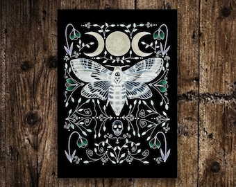 Mini A6 Black Moth Print - Small Death's Head Hawkmoth Illustration - Witchy Triple Moon Postcard Print - Spooky Cute Ornate Lolita Decor
