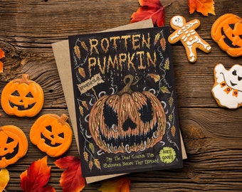 Rotten Pumpkin Greetings Card & Envelope - Spooky Halloween Horror Jack O Lantern Illustrated Card - Dark Gothic Grunge Samhain Card