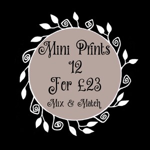May include: A white circle with a brown centre and a black border. The circle has a white floral design around the edge. The text "Mini Prints 12 For &pound;23 Mix & Match" is written in black on the brown centre.