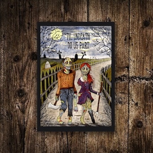Mini impression de date zombie A6 - petite illustration « Til Un-Death Do Us Part » - Mini carte postale d'horreur gothique - décoration d'Halloween effrayante pour la Saint-Valentin