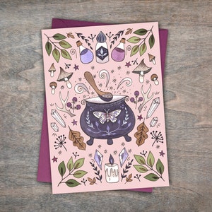 Kitchen Witch Greetings Card & Envelope - Cute Pink Witches Cauldron Card - Spring Botanical Ingredients Mushroom Toadstool Crystals Card