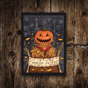 May include: A whimsical illustration of a scarecrow with a jack-o'-lantern head, surrounded by falling coins. The scarecrow is wearing a brown patched coat and a red scarf. The text "Penny for the Guy" is written on a banner.