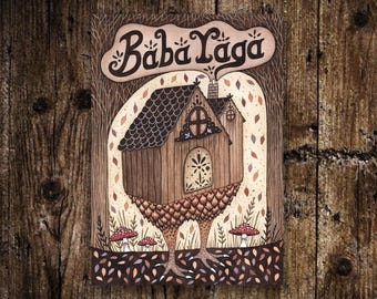 Mini A6 Baba Yaga Print - Small Baba Yaga's House Illustration - Spooky Forest Witch Folklore Postcard - Whimsical Mushroom Cottage Décor