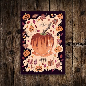 Mini impression pomme caramel - petite illustration de pomme d'amour mignonne et effrayante au format A6 - impression de feu de joie de feuilles de citrouille d'Halloween