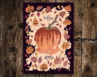 Mini Toffee Apple Print - Small A6 Cute And Spooky Candy Apple Illustration - Halloween Candy Corn Pumpkin Falling Leaves Bonfire Print