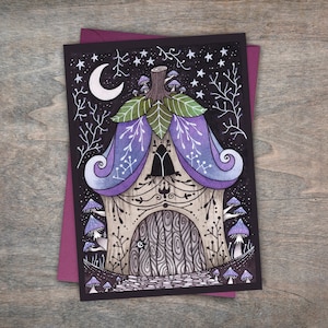 Carte & enveloppe Cottage Bluebell - carte de maison florale violette printemps-été - carte de voeux lunatique et confortable Fairycore