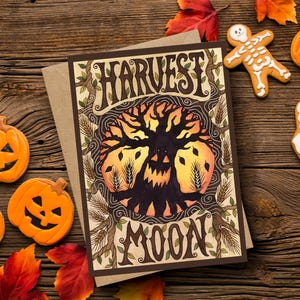 Tarjeta de felicitación de la Luna de la Cosecha y sobre - Tarjeta de calabaza fantasmal - Tarjeta de felicitación de Halloween Samhain All Hallows' Eve