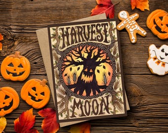 Harvest Moon Greetings Card & Envelope - Spooky Pumpkin Tree Card - Halloween Samhain All Hallows' Eve Greetings Card