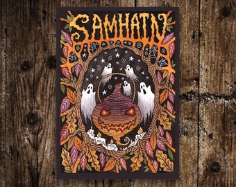 Mini Samhain Print - Small A6 Pagan Halloween Turnip Jack O Lantern Illustration - Spooky All Hallows' Eve Autumn Leaves Postcard Art