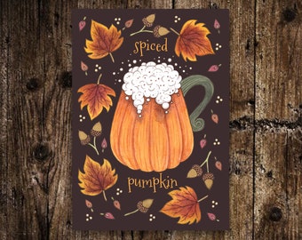 Mini Spiced Pumpkin Print - Small A6 Cosy Halloween Pumpkin Spice Latte Illustration - Whimsical Autumn Falling Leaves Kitchen Decoration