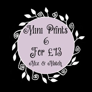 May include: A purple circle with a white floral border and the text "Mini Prints 6 For &pound;13 Mix & Match" in black.