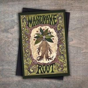 Carte de voeux et enveloppe de racine de mandragore - carte botanique magique du jardin des sorcières - carte aquarelle plante verte Hedgewitch Wizard Nature