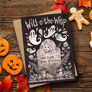 Will-o'-the-Wisp-wenskaart en envelop - Spooky Halloween Ghost Card - gotische herinnering Mori Gravestone-wenskaart