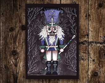 Mini stampa A6 "Schiaccianoci posseduto" - Piccola illustrazione invernale gotica - Cartolina acquerello con soldato giocattolo inquietante - Natale spettrale e inquietante