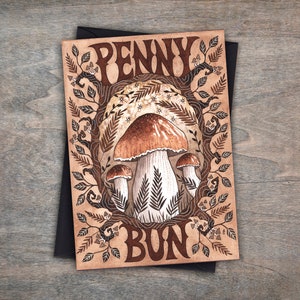 Carte de voeux Penny Bun & enveloppe - carte aquarelle lunatique champignon Penny Bun - carte de butinage champignon cottagecore estival brun rustique