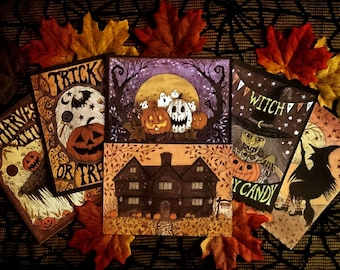 Set Of 6 Mini Halloween Prints - Trick Or Treat Pumpkin Scarecrow Illustration Decorations - Mini Spooky Prints - Retro Witch Candy Art Set