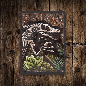 Mini A6 Stampa di paura fossilizzata - Piccola cartolina di fossili di Velociraptor, ammonite, trilobite - Regalo di paleontologia dei dinosauri - Arte di ossa di dinosauro spettrali