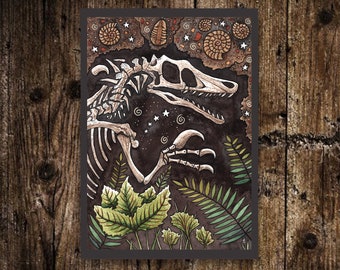 Mini A6 Fossilised Fear Print - Small Velociraptor Fossil Ammonite Trilobite Postcard - Dino paleontology Gift - Spooky Dinosaur Bones Art