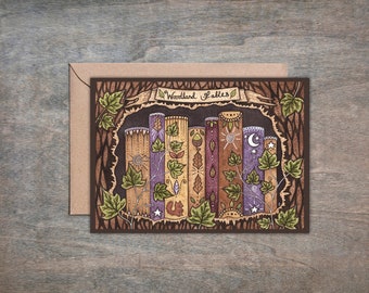 Woodland Fables Greetings Card & Envelope - Whimsical Witchy Bookshelf Illustrated Card -  Brown Rustic Book Lover Library Bookstack Card