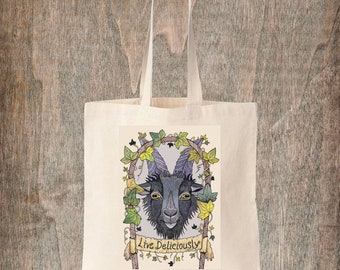 Black Phillip Natural Tote Bag - The VVitch Pagan Gothic Black Goat Ivy Cotton Tote - Live Deliciously - Horror films Folk Halloween Tote