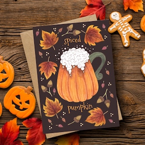 Cartão de felicitações e envelope de abóbora com especiarias - Cartão de folhas caídas de outono PSL com especiarias de abóbora - Caneca de abóbora para Halloween Cartão de felicitações de Ação de Graças