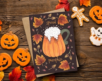 Spiced Pumpkin Greetings Card & Envelope - Pumpkin Spice PSL Autumn Falling Leaves Card - Halloween Pumpkin Mug Thanksgiving Greetings Card
