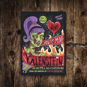 Mini A6 Valenstein Druck - Kleine Spooky B-Movie Zombie Illustration - Mini Horror Film Poster Postkarte - Gruseliger Zombie Halloween Dekoration
