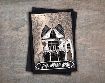 Haunted House Greetings Card & Envelope - Spooky Home Sweet Home Card - Gothic Halloween Housewarming Card - Creepy Cosy Goth Welcome Home