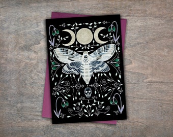 Black Moth Greetings Card & Envelope - Spooky Death's-head Hawkmoth Card - Gothic Ornate Lolita Insect Card - Black Blue Gothic Moth Gift