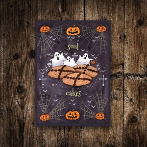 Mini impression Soul Cakes - Petite illustration de cuisson A6 effrayant Halloween All Hallows Eve Samhain - Des bonbons ou des sorts, décoration toile d'araignée fantôme chauve-souris