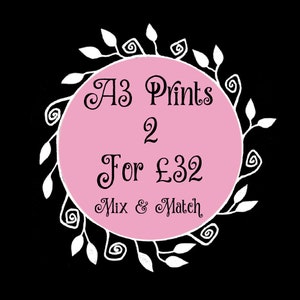 Puede incluir: Un c&iacute;rculo rosa con un borde floral blanco y texto negro que dice "A3 Prints 2 For &pound;32 Mix & Match".