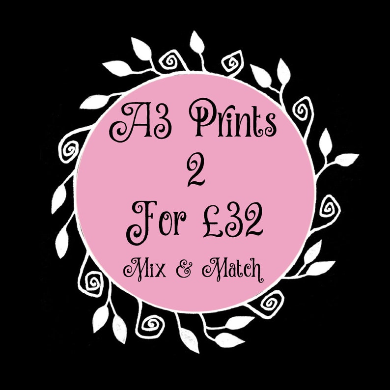 Puede incluir: Un c&iacute;rculo rosa con un borde floral blanco y texto negro que dice "A3 Prints 2 For &pound;32 Mix & Match".