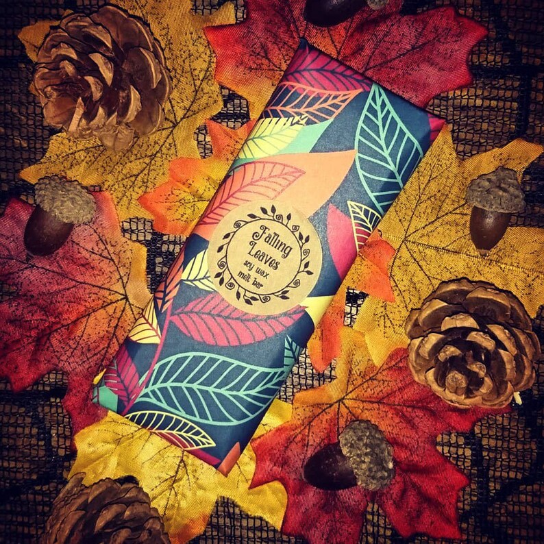 May include: A soy wax melt bar wrapped in paper with a fall leaf design. The paper has a brown circle with the text "Falling Leaves" and "soy wax melt bar". The bar is surrounded by fall leaves and pine cones.