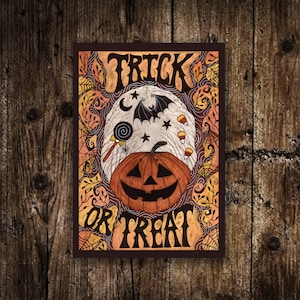 Mini impression des bonbons ou des sorts - petite illustration de bonbons d'Halloween - Mini impression de carte postale de citrouille gothique - art effrayant Jack-O-Lantern Moon chauves-souris