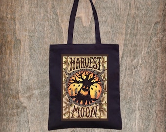Harvest Moon Tote Bag - Spooky Pumpkin Tree Tote Bag - Halloween Harvest Orange Black Samhain All Hallows' Eve Grocery Shopping Bag