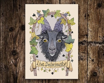 Mini A6 Black Phillip Print - Small Witches 'Live Deliciously' Illustration - Mini Gothic Witchy Postcard Print - Black Spooky Goat Decor