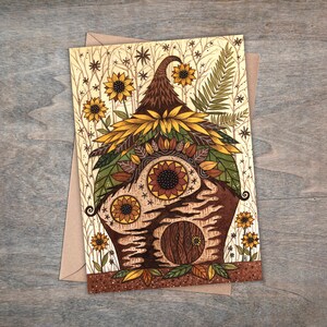 Carte de voeux Cottage tournesol & enveloppe - carte maison féerique printemps été - carte tournesols jaunes - carte jardin fougère féerique cottage cosy