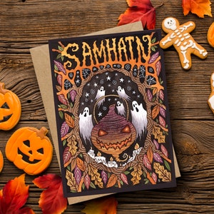 Carte de voeux Samhain et enveloppe - carte païenne fantasmagorique d'Halloween navet Jack O Lantern - carte de voeux lunatique feuilles d'automne qui tombent