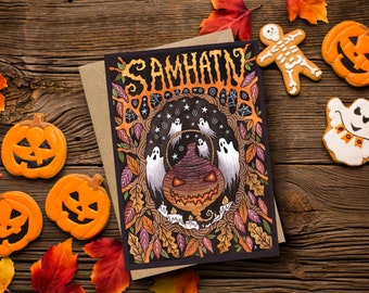 Samhain Greetings Card & Envelope - Spooky Pagan Halloween Turnip Jack O Lantern Card - Whimsical Autumn Falling Leaves Greetings Card